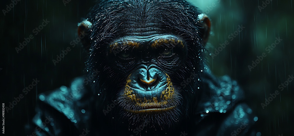 A close-up of a rain-soaked chimpanzee with a serious expression. A close-up of a rain-soaked chimpanzee with a serious expression.
