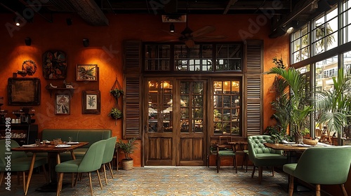 A cozy Mediterranean-inspired coffee shop with terracotta walls, olive green chairs, and wooden shutters on the windows. Soft lighting creates a relaxed, warm atmosphere with rustic,