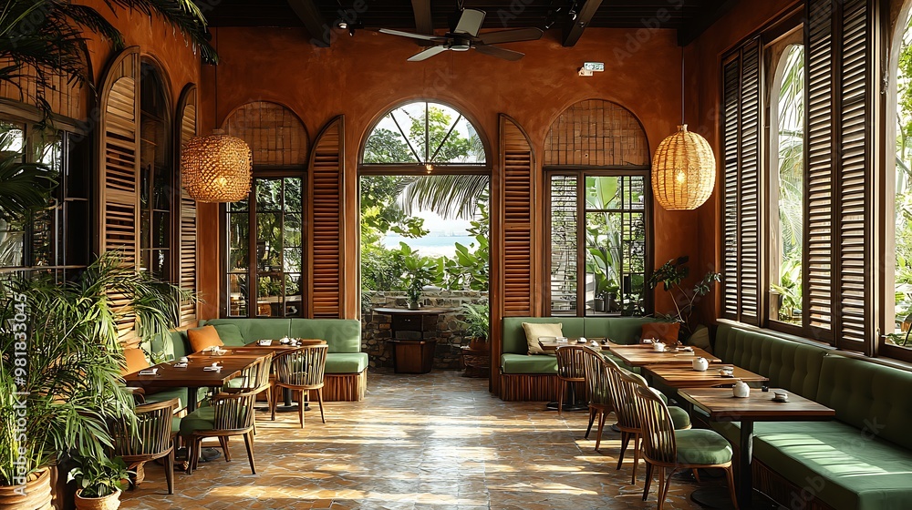 Obraz premium A Mediterranean lounge coffee shop with warm terracotta hues, olive green seating, and wooden shutters. The cozy, rustic decor is complemented by soft, natural lighting and a serene,