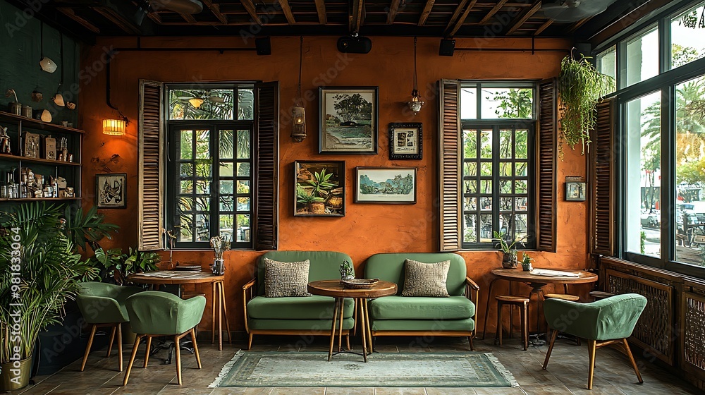 Obraz premium A Mediterranean lounge coffee shop with warm terracotta hues, olive green seating, and wooden shutters. The cozy, rustic decor is complemented by soft, natural lighting and a serene,
