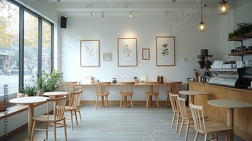 A minimalist coffee shop featuring white walls, simple wooden chairs, light wooden tables, and plants for a touch of nature. The soft, natural lighting creates a calm,