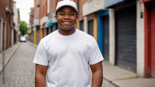 Plus size black teenage boy wearing white t-shirt and white baseball cap standing in a city alley