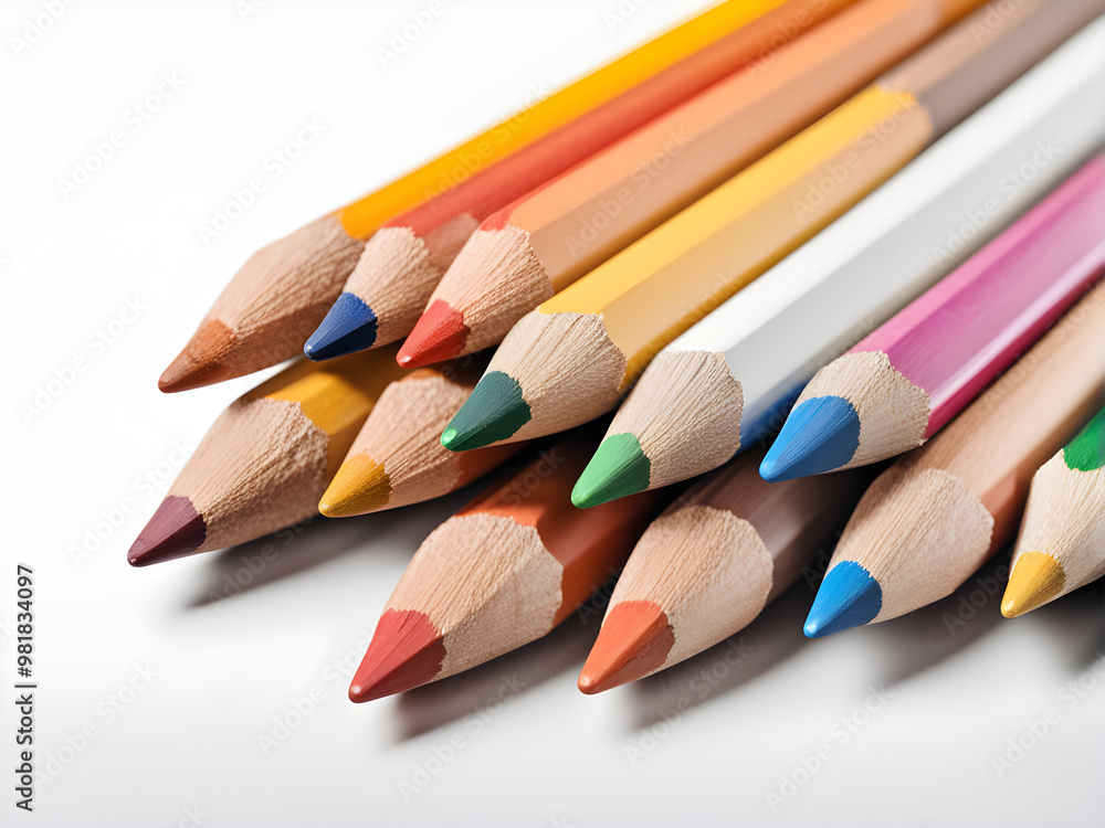 Different color pencils on white background. Composition with colored pencils, closeup view Different color pencils on white background. Composition with colored pencils, closeup view