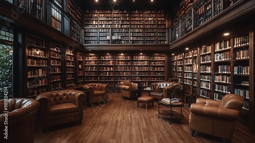 A vintage library-themed coffee shop with bookshelves reaching the ceiling, cozy leather armchairs, and soft, warm lighting. The rich, dark wood accents and rows of books create a serene,