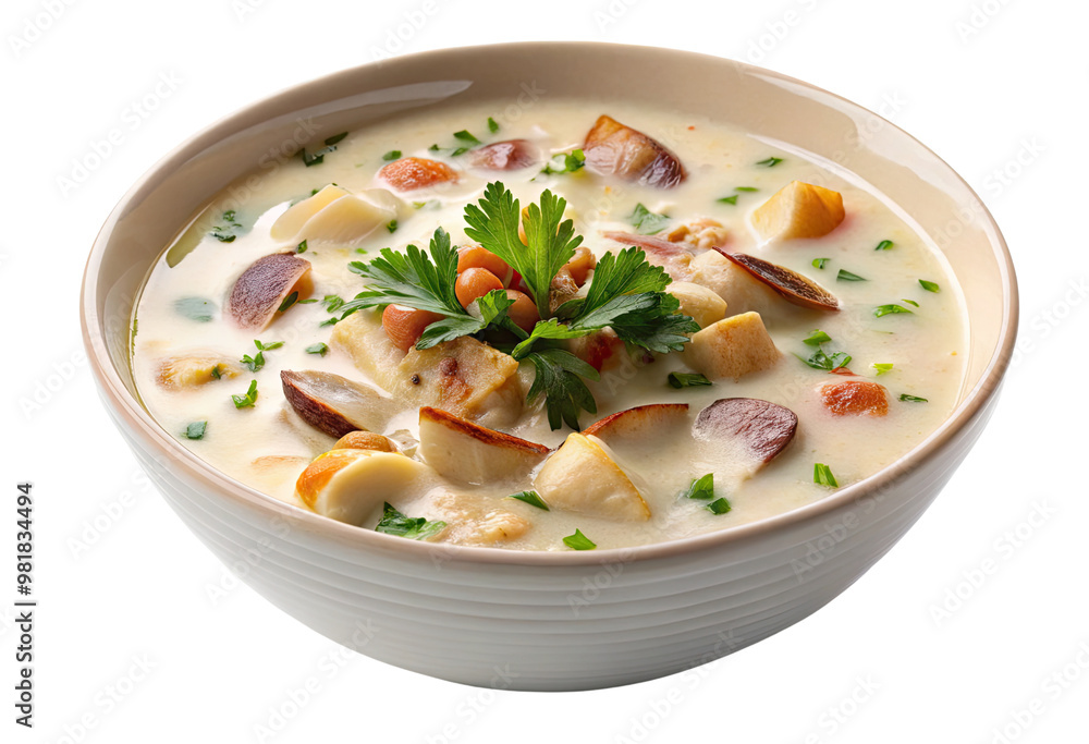 Creamy soup with mushrooms and parsley isolated with transparent background. Creamy soup with mushrooms and parsley isolated with transparent background.