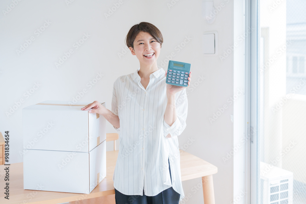 電卓で引越し費用の見積もりをする女性 電卓で引越し費用の見積もりをする女性