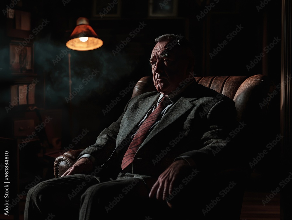 A mafia leader in deep thought, sitting in a dark room with only a single light illuminating his face, reflecting the burden of leadership A mafia leader in deep thought, sitting in a dark room with only a single light illuminating his face, reflecting the burden of leadership