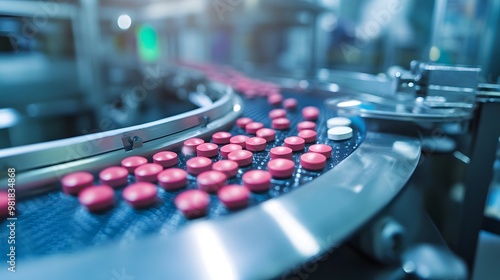 Tablets manufacturing process, closeup shot of medical drug production line.