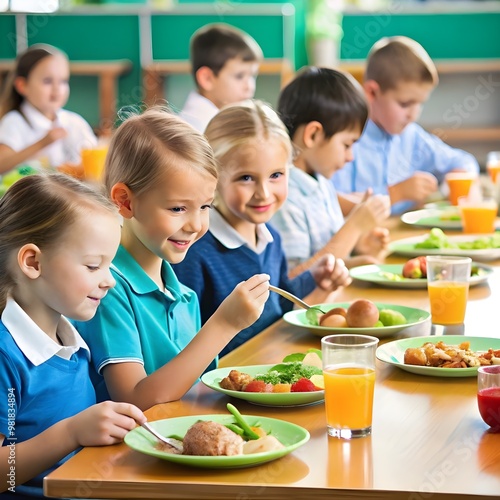 Kids are having lunch in canteen 