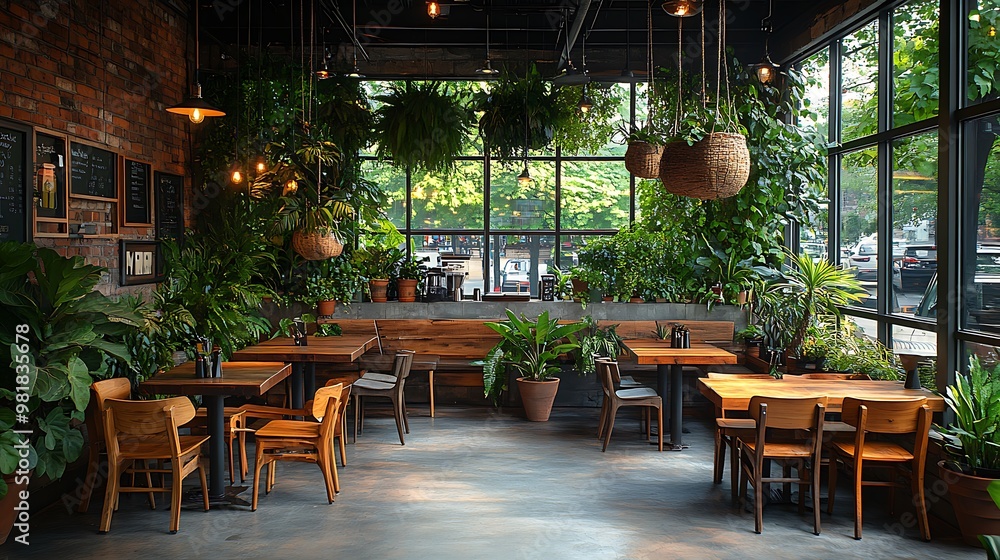 Obraz premium Coffee shop interior filled with greenery, hanging planters, and large potted plants. Rustic wooden tables and chairs blend with the natural elements,