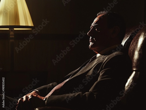 A mafia leader in deep thought, sitting in a dark room with only a single light illuminating his face, reflecting the burden of leadership photo