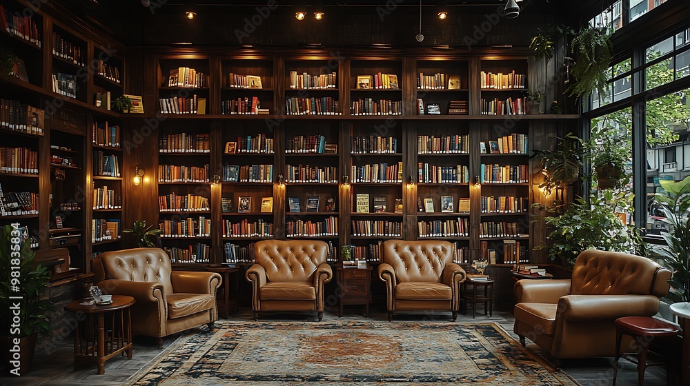 Obraz premium Coffee shop interior with a vintage library aesthetic, featuring dark wood shelves filled with books, leather armchairs, and soft lighting. The cozy,