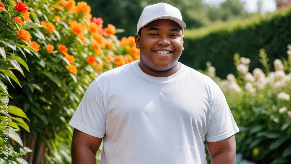 Plus size black teenage boy wearing white t-shirt and white baseball cap standing in the garden Plus size black teenage boy wearing white t-shirt and white baseball cap standing in the garden