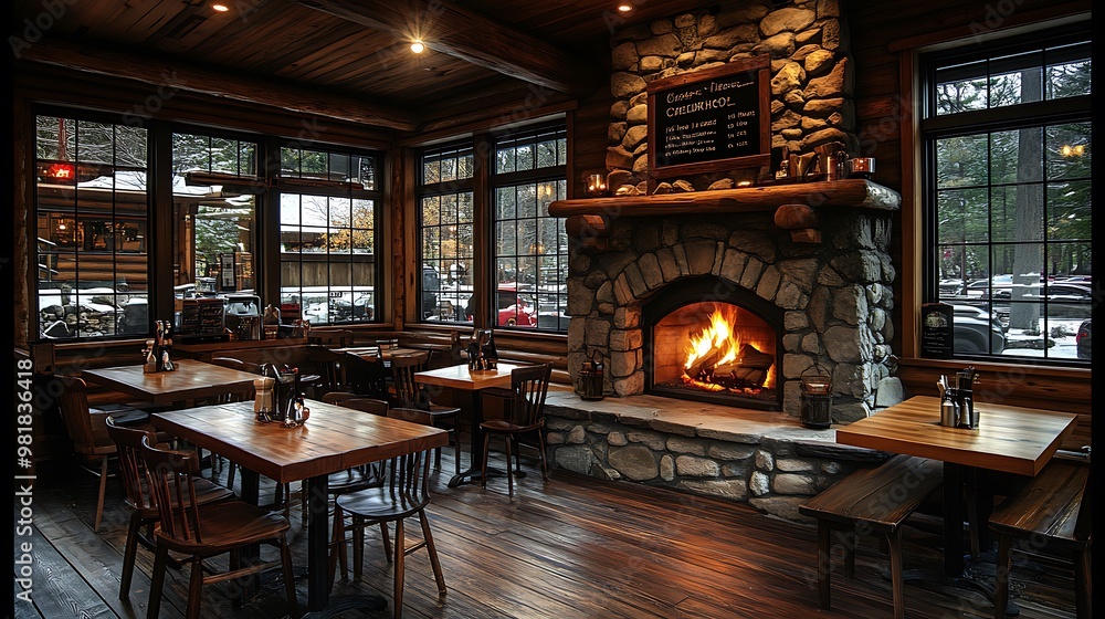 Cozy cabin-inspired coffee shop with wooden tables, a stone fireplace, and warm ambient lighting. The inviting space features rustic decor and a warm, Cozy cabin-inspired coffee shop with wooden tables, a stone fireplace, and warm ambient lighting. The inviting space features rustic decor and a warm,