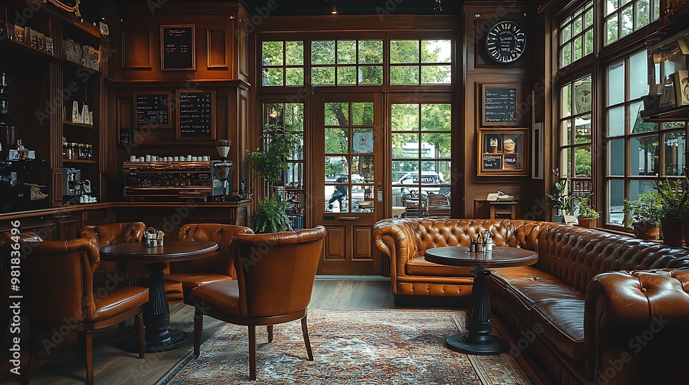 Cozy classic coffee shop with dark wood furniture, plush leather seating, and soft, warm lighting. The vintage-inspired design and traditional decor create a welcoming, Cozy classic coffee shop with dark wood furniture, plush leather seating, and soft, warm lighting. The vintage-inspired design and traditional decor create a welcoming,