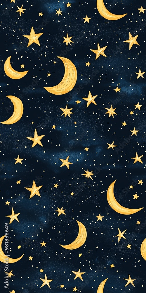 Seamless pattern with gold stars and moons on a blue background. Seamless pattern with gold stars and moons on a blue background.