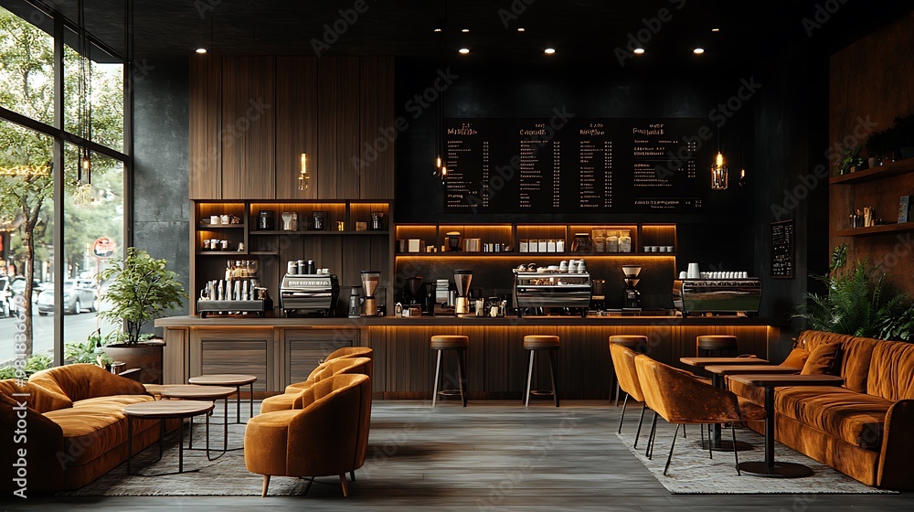 Obraz premium Cozy modern coffee shop with sleek dark wood furniture, plush velvet seating, and a minimalist aesthetic. Soft, warm lighting creates a refined yet welcoming ambiance,