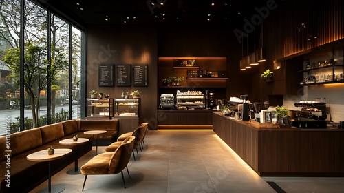 Cozy modern coffee shop with sleek dark wood furniture, plush velvet seating, and a minimalist aesthetic. Soft, warm lighting creates a refined yet welcoming ambiance,