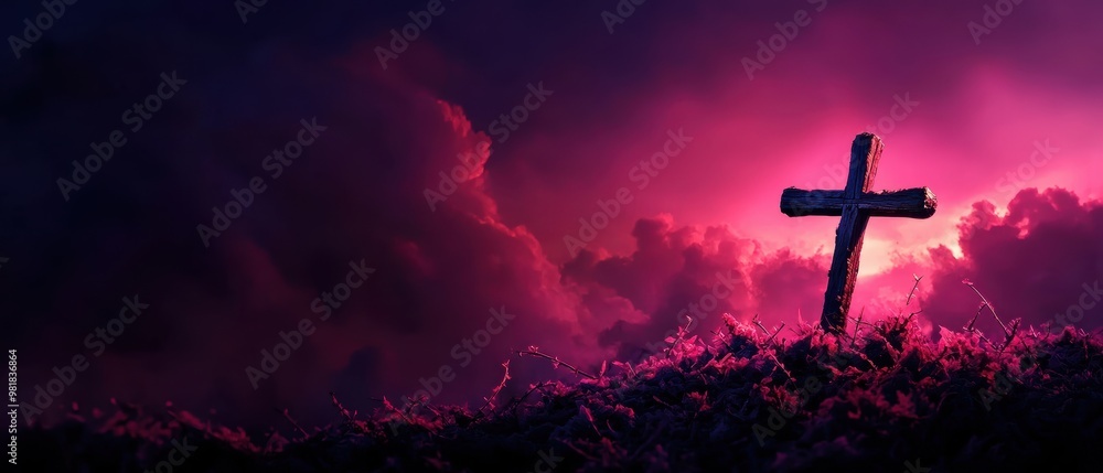Crucifixion on the Hill Under Dramatic Crimson Sky Crucifixion on the Hill Under Dramatic Crimson Sky