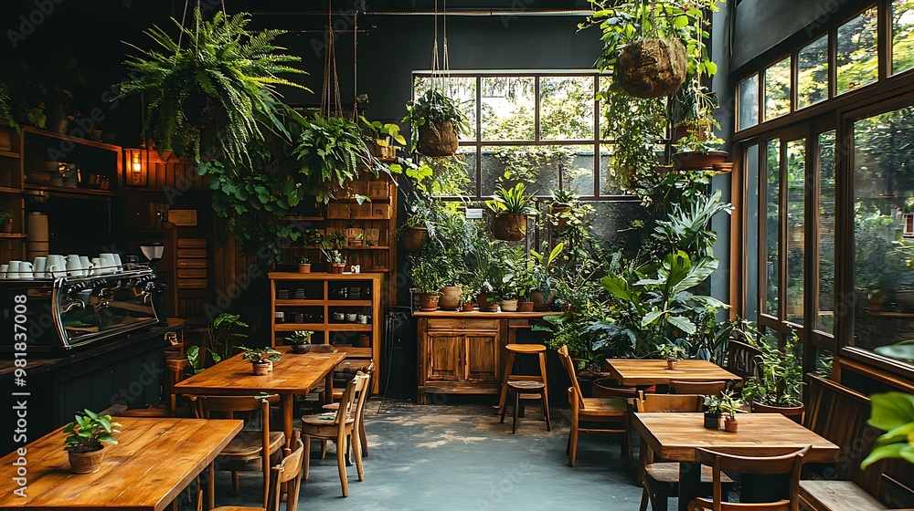 Fototapeta premium Cozy urban jungle coffee shop with an abundance of green plants, hanging planters, and large potted trees. Rustic wooden tables and natural light enhance the nature-infused,