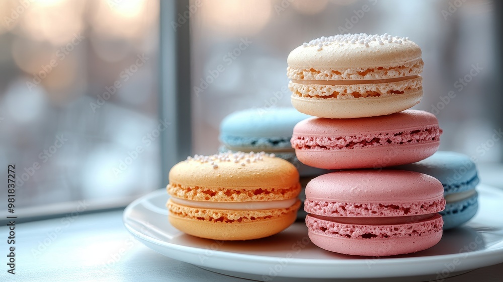 Close-Up of Colorful Macarons on White Plate – Bright Pastel French Pastries Close-Up of Colorful Macarons on White Plate – Bright Pastel French Pastries