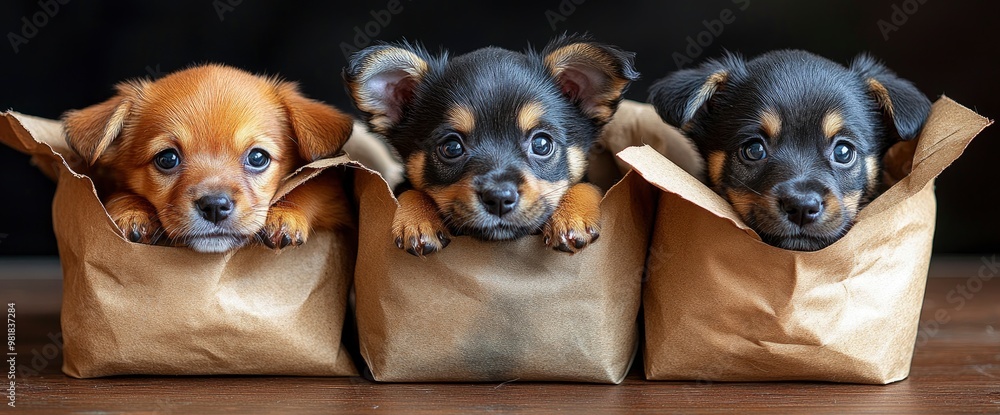 Three Cute Puppies in Paper Bags Three Cute Puppies in Paper Bags