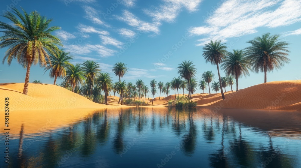 Palm Trees and Oasis in a Desert Landscape Palm Trees and Oasis in a Desert Landscape