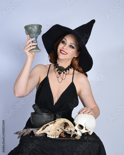 Close up portrait of beautiful  female model wearing black dress, pointy witch hat halloween costume.  Isolated figure on studio background. Holding wine goblet at spooky occult ritual potion table  photo