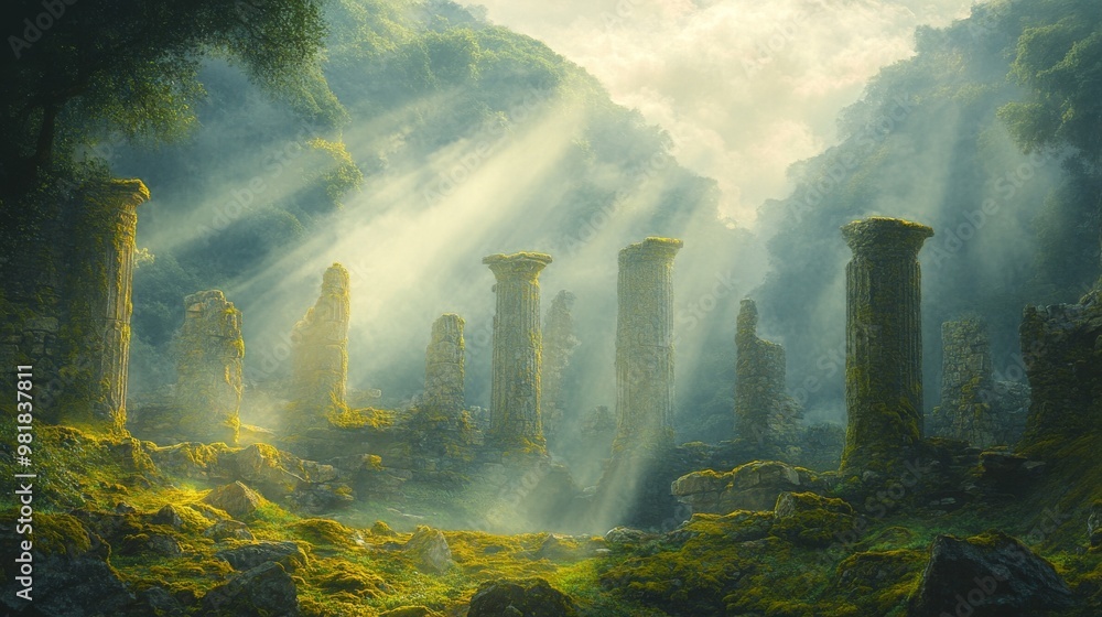 Ancient Stone Pillars Emerging from a Misty Forest Ancient Stone Pillars Emerging from a Misty Forest