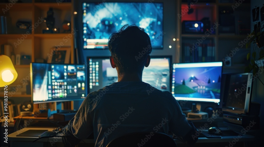 productive home scene, rear view of person working at computer desk for remote work lifestyle concept productive home scene, rear view of person working at computer desk for remote work lifestyle concept