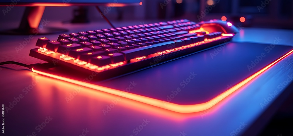 A gaming keyboard and mouse on a glowing RGB mousepad. A gaming keyboard and mouse on a glowing RGB mousepad.