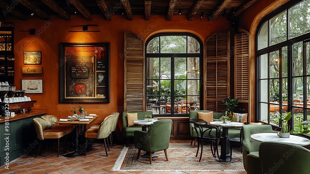 Obraz premium Mediterranean-inspired coffee shop with terracotta tones, olive green furnishings, and wooden shutters on the windows.