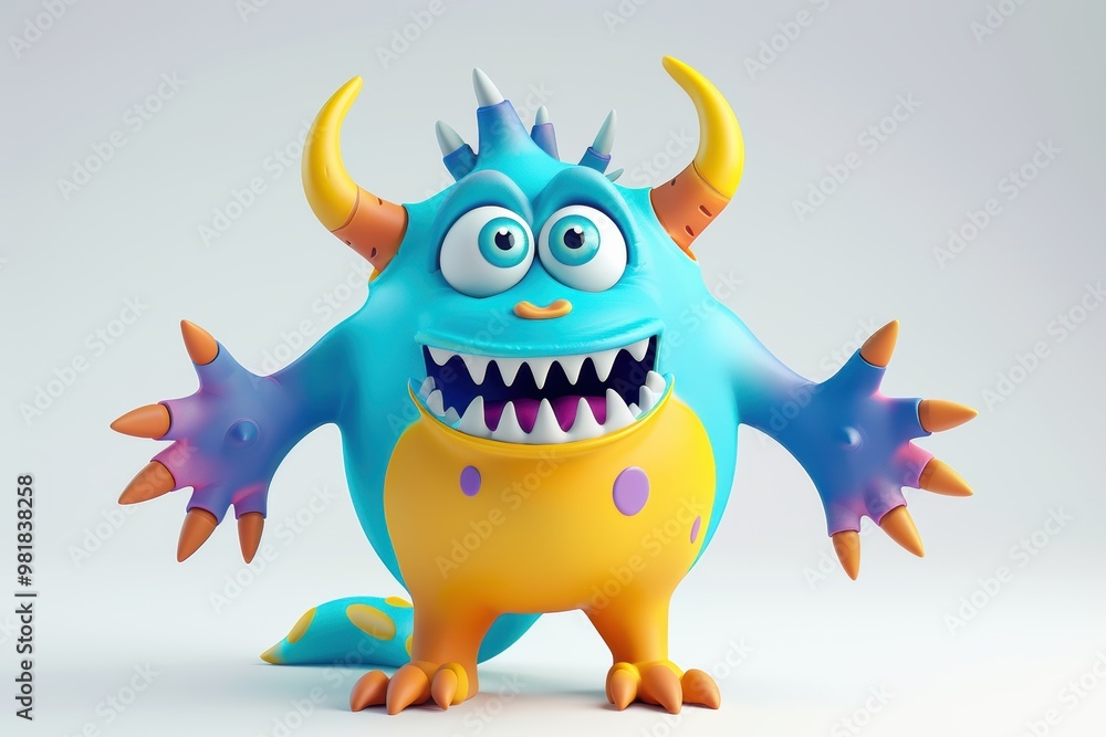 3D monster character with bold colors standing against a white background under studio lighting. 3D monster character with bold colors standing against a white background under studio lighting.