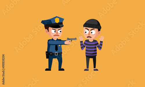 Cartoon police officer arresting thief with raised hands