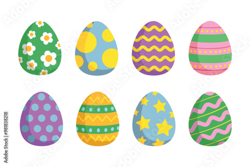 Happy Easter.Set of Easter eggs with different textures on a white background.Spring holiday. Vector Illustration isolated. 
