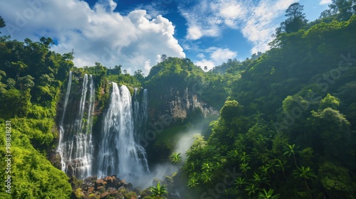 waterfall landscape water flows gracefully, surrounded by tall trees and vibrant foliage