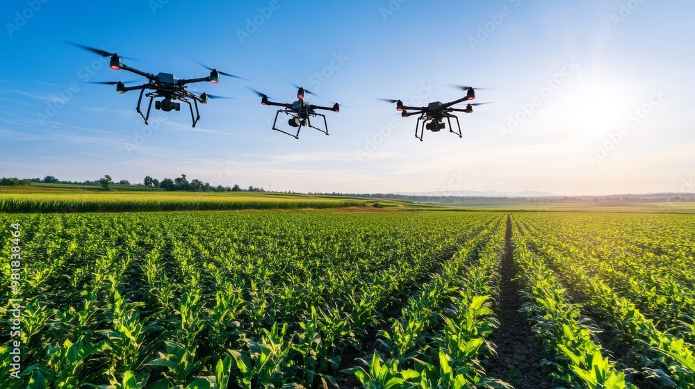 1. Multiple drones flying over a vast green agricultural field, capturing aerial views of crops and land with clear blue sky in the background 1. Multiple drones flying over a vast green agricultural field, capturing aerial views of crops and land with clear blue sky in the background