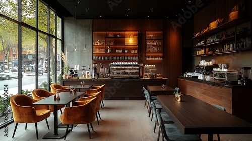 Modern coffee shop with sleek dark wood tables, plush velvet armchairs, and minimalist decor. Warm, ambient lighting highlights the sophisticated and cozy environment, offering a stylish, photo