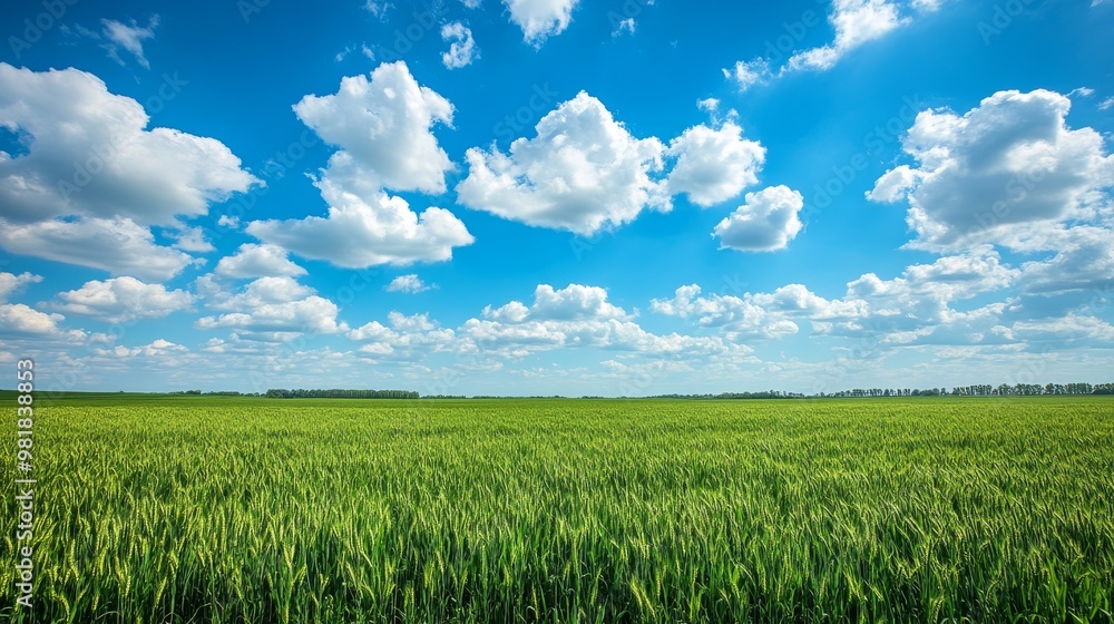 11. Expansive green wheat field under a bright blue sky dotted with fluffy white clouds, creating a picturesque agricultural landscape 11. Expansive green wheat field under a bright blue sky dotted with fluffy white clouds, creating a picturesque agricultural landscape