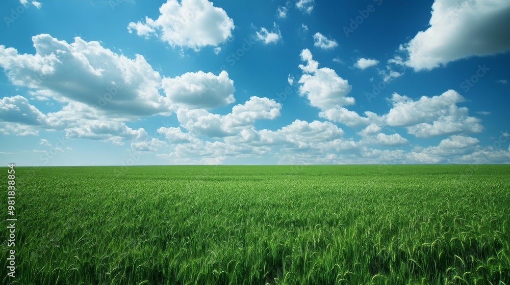 12. Lush green wheat field stretching out to the horizon with a dramatic sky filled with billowing white clouds, perfect for nature and travel themes 12. Lush green wheat field stretching out to the horizon with a dramatic sky filled with billowing white clouds, perfect for nature and travel themes