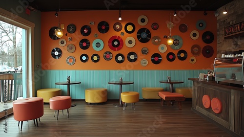 Retro coffee shop with bold, vibrant color schemes, vinyl records decorating the walls, and mid-century modern furniture. The warm,
