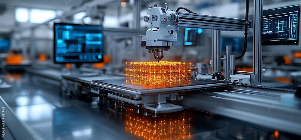 A high-tech manufacturing setup with a 3D printer creating structures. A high-tech manufacturing setup with a 3D printer creating structures.
