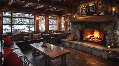 Wallpaper Mural Rustic cabin-style coffee shop with wooden furniture, a stone fireplace, and soft, warm lighting. The cozy atmosphere is enhanced by natural materials and the crackling fire, Torontodigital.ca