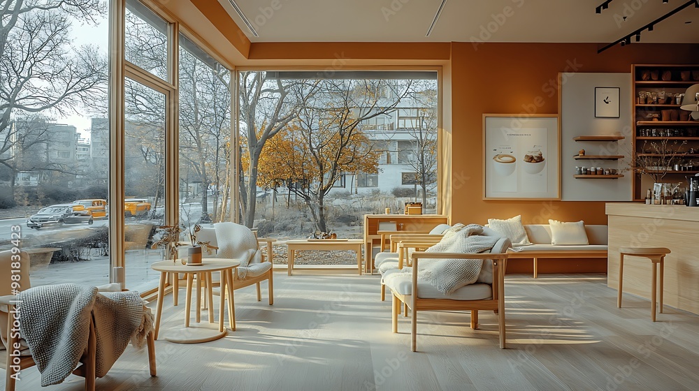 Obraz premium Scandinavian-inspired coffee shop with light wood furniture, soft pastel walls, and cozy throws on chairs. Minimalist design and large windows allow natural light to fill the space, creating a warm,