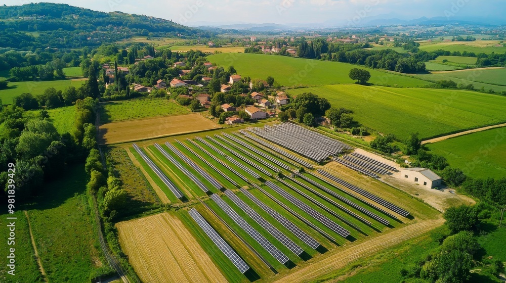 Fototapeta premium 26. Aerial view of an agrivoltaic canopy system installed over a thriving green agricultural field in France, combining solar panels and farming