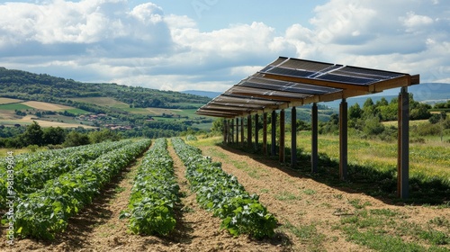 30. Innovative agrivoltaic canopy system in a rural French landscape, with solar panels providing shade and energy while crops flourish below photo