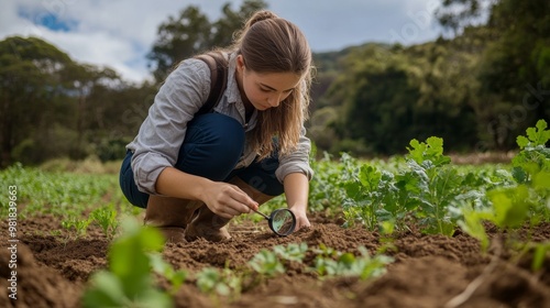 33. Soil science student kneeling in a field, analyzing a soil sample with a magnifying glass, surrounded by green plants and Australian landscape