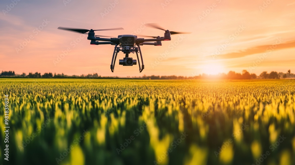 45. Agriculture drone flying over a green field, utilizing digital twin and machine learning technologies to optimize fertilizer application 45. Agriculture drone flying over a green field, utilizing digital twin and machine learning technologies to optimize fertilizer application