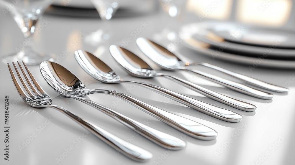 A polished table setting featuring cutlery and plates. A polished table setting featuring cutlery and plates.