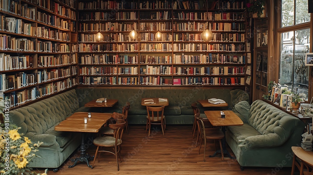 A cozy bookshop café with shelves of books surrounding intimate wooden tables, plush armchairs, and warm lighting. The soft glow creates a peaceful, A cozy bookshop café with shelves of books surrounding intimate wooden tables, plush armchairs, and warm lighting. The soft glow creates a peaceful,